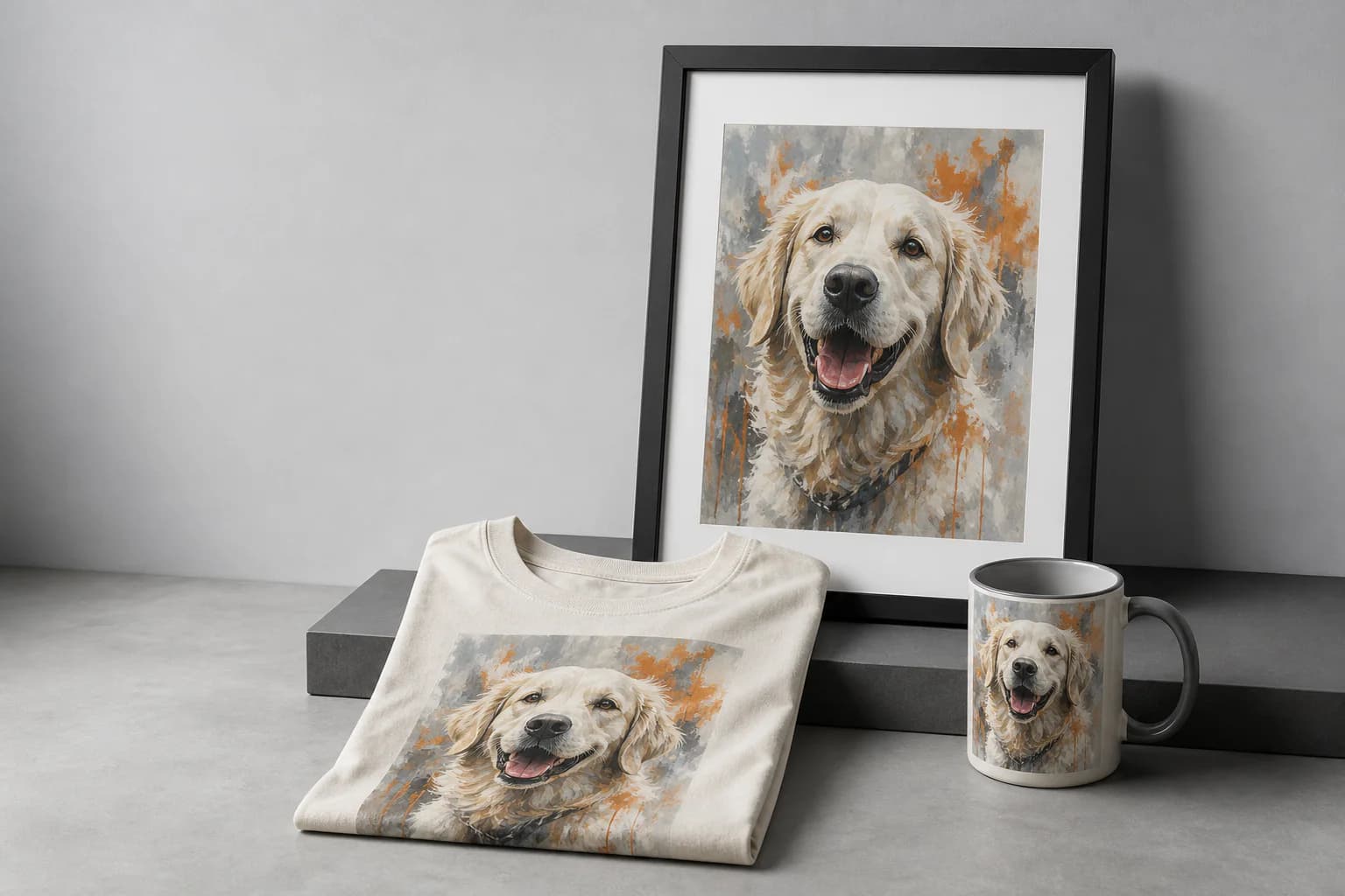 A framed pet portrait, printed tee, and mug in a product studio